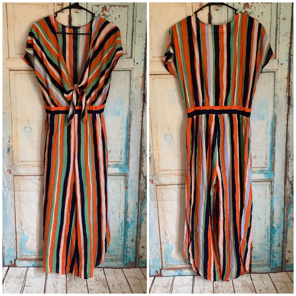 Pants - Tie front striped split leg jumpsuit
